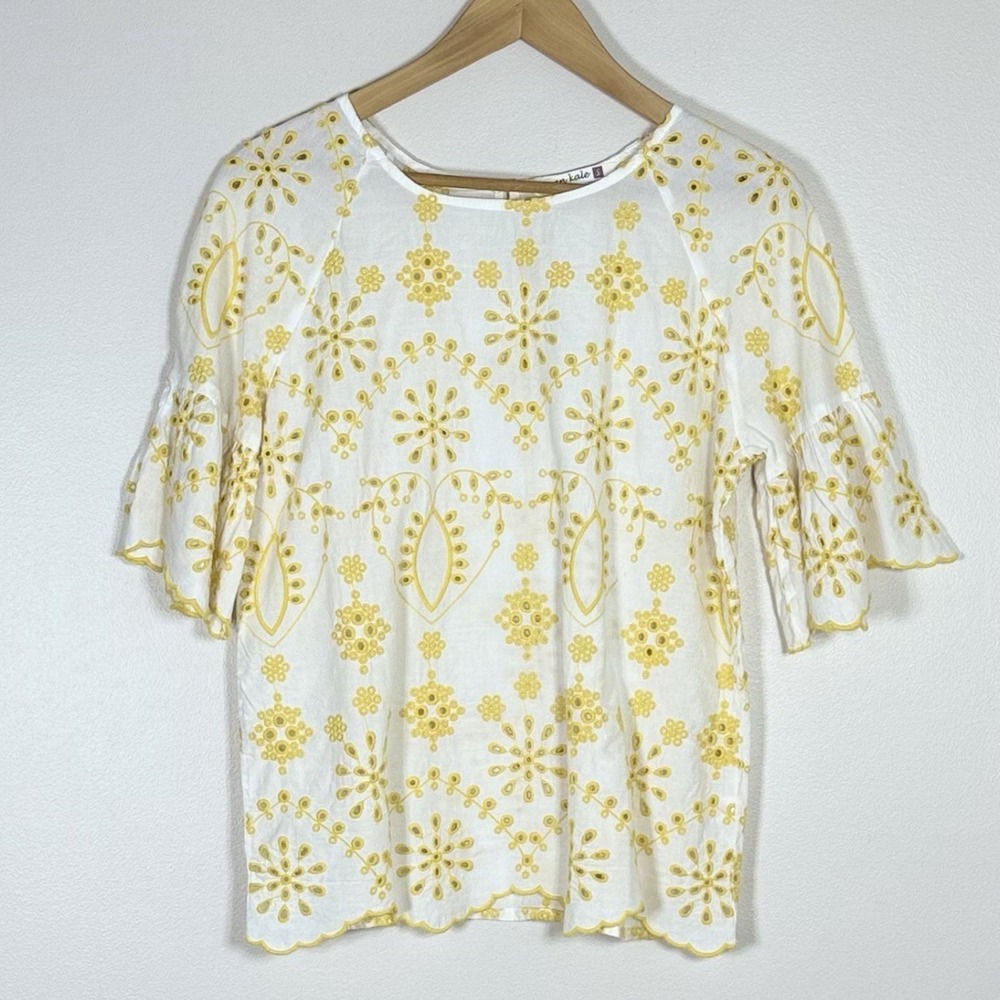 Womens Eyelet Blouse Top S White Yellow Cotton Ruffle Scalloped Boho Cottagecore
